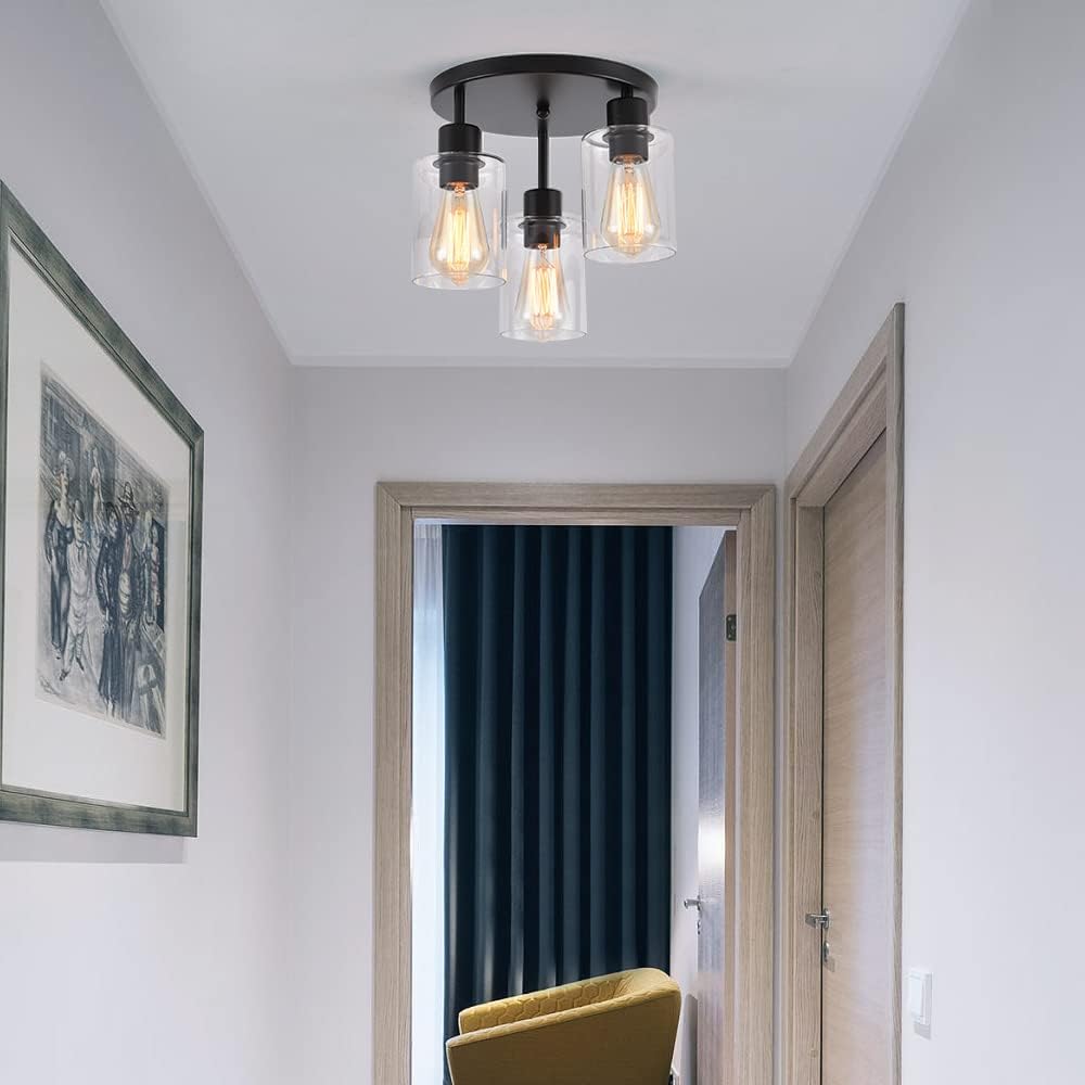 3-Light Industrial Farmhouse Black Matte Light Fixtures Ceiling Mount, with C...
