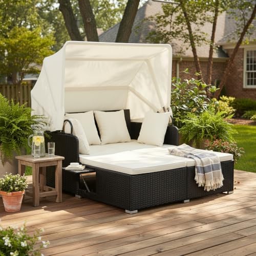 Tangkula Patio Rattan Daybed with Retractable Canopy, Outdoor Wicker Sunbed L...