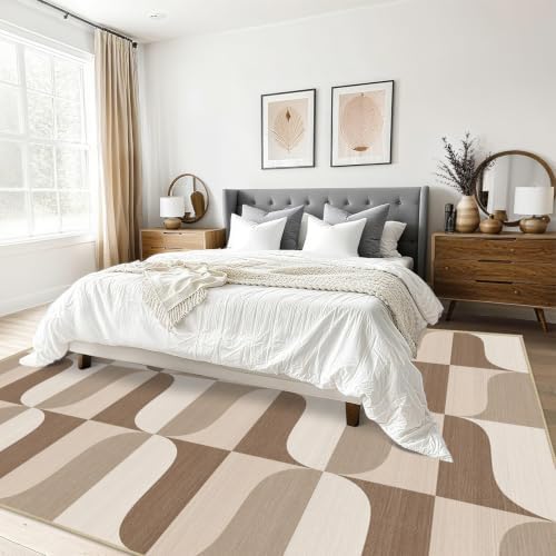 Area Rug 5x7 Modern Geometric Rug Neutral Beige Brown Abstract Mid Century Mo...