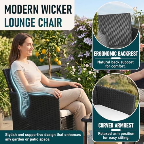 FDW 3-Piece Patio Furniture Set | Black & Beige | Outdoor Wicker Furniture