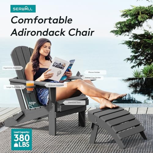 SERWALL Outdoor Adirondack Chair Set of 2 with 2 Cup Holders,Foldable,Grey