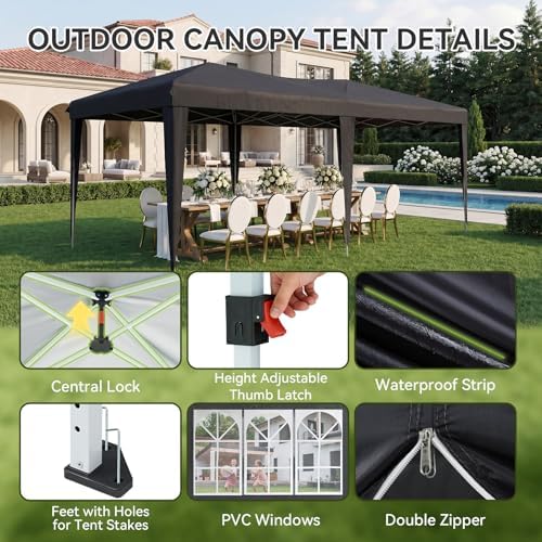 Aoxun 10x20 Pop Up Canopy Tent with 6 Sidewalls, Party Tent, Black
