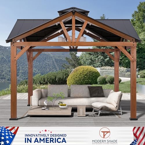 Modern Shade Cedar Wood Gazebo 12’ x 12’, Heavy Duty Hardtop Gazebo with Stee...
