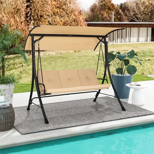HAPPYGRILL 3-Seat Outdoor Porch Swing with Adjustable Canopy, Armrests, Metal...
