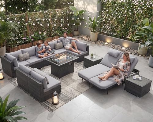 NICESOUL 13 Pcs Patio Set with Fire Pit Table, Modular 10-Seat Wicker Outdoor...