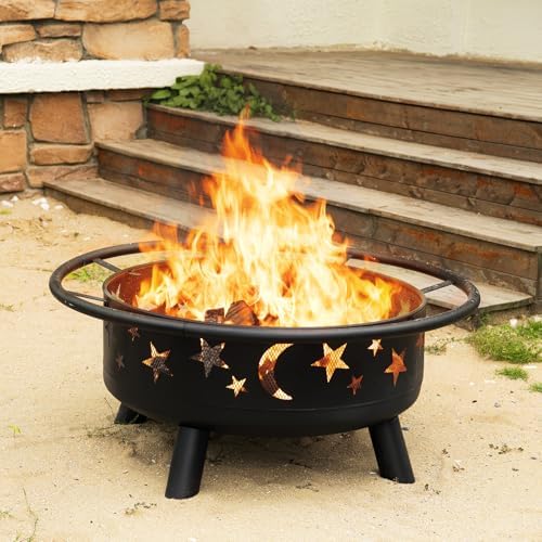32 Inch Round Fire Pit with Mesh Cover, Fire Poker, Star and Moon Design, Met...