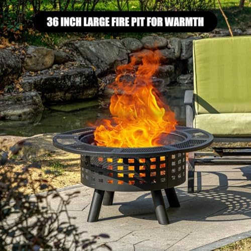 Verdeluxe 36 inch Outdoor Fire Pit with Cooking Grate 3-in-1 Fire Pit Table