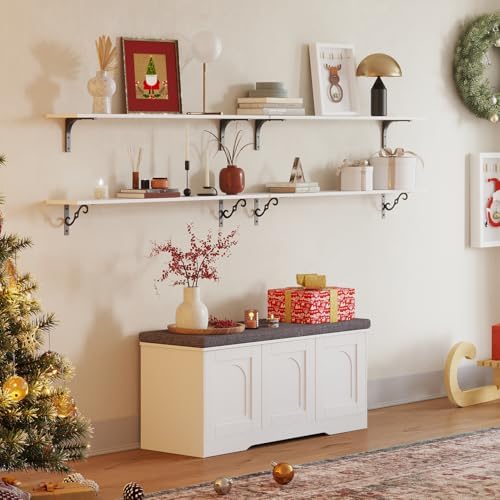 DINZI LVJ Shoe Storage Bench with Cushion, Door, White 39.4" LX17.7 H