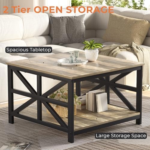 GreenForest 27.55 Inch Square Coffee Table with 2 Tier Storage