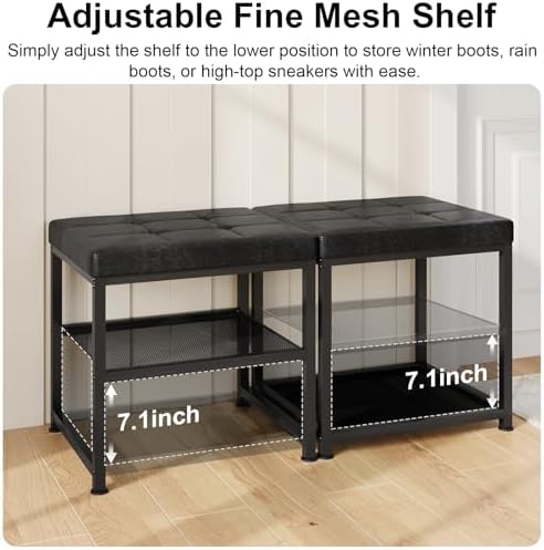 DreamDashio Set of 2 Small Shoe Storage Benches with PU Leather Cushion, 3-Ti...