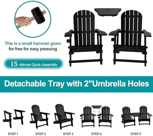 JY QAQA Outdoor Adirondack Chair Set of 2, All-Weather HDPE Patio Furniture w...