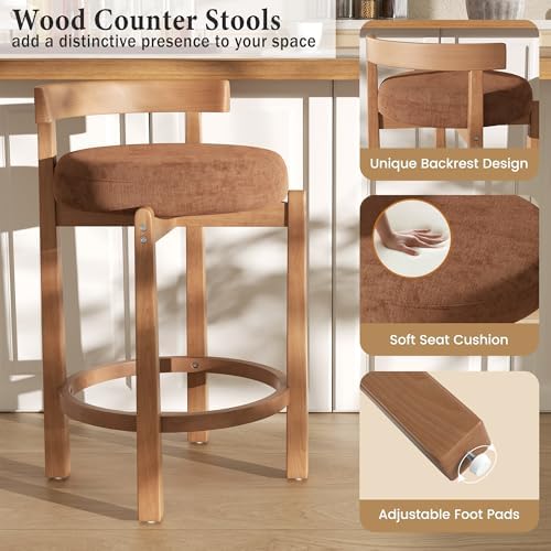 Bar Stools Set of 2, 26" Upholstered Counter Height Bar Chairs, Mid Cent...