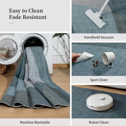 YIHOUSE Geometric Area Rug, Washable Non-Slip Low Pile, Blue, 5 x 7 ft