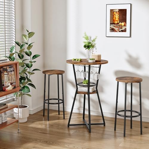 HOOBRO Round Bar Table, 2-Tier Counter Height Pub Table with Wine Glass Holde...