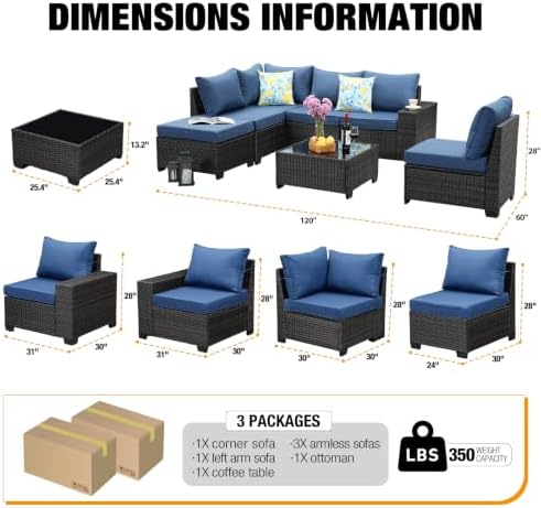 JOYURE 7 Pieces Patio Furniture Set All-Weather Outdoor Wicker Sectional Conv...