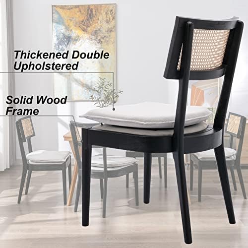Rattan Dining Chairs Set of 6, Linen Upholstered Kitchen Chairs