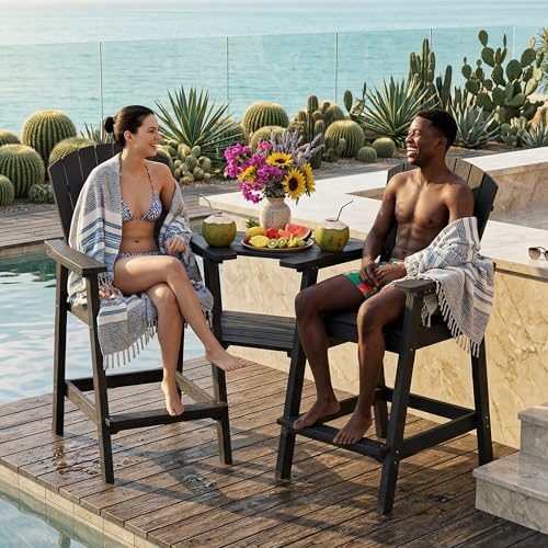 PLUUV Tall Adirondack Chairs Set of 2 with Double Connecting Trays, Black