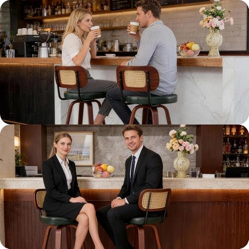 KEEZY Natural Rattan Bar Stools Set of 2, 26 Inch Counter Height Barstools wi...