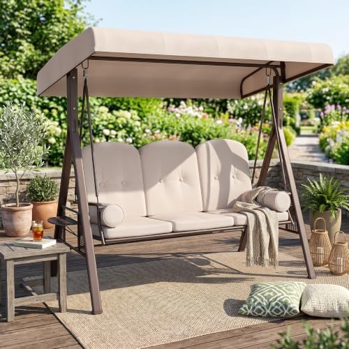 Outsunny 3-Seat Patio Swing Chair Adjustable Canopy Beige