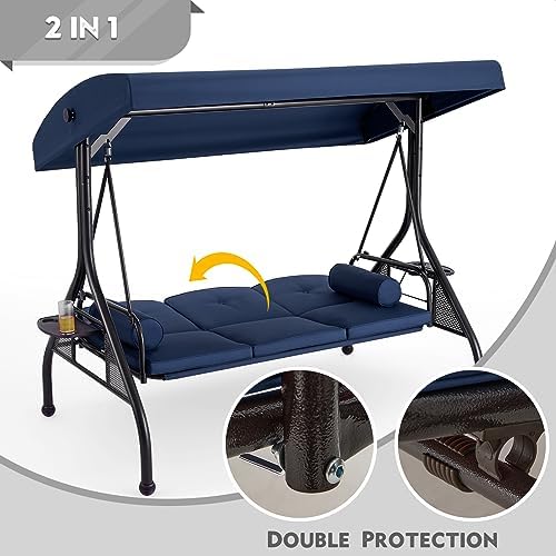 HOMREST 3 Seat Porch Swing with Adjustable Canopy, Patio Swing with Stand