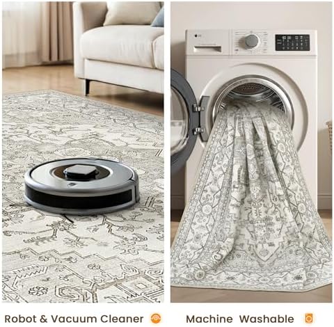 befbee Washable Area Rug 8x10, Large Neutral Beige Carpet for Living Room