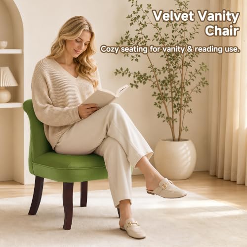Velvet Vanity Chair with Back, Tufted Upholstered Vanity Stool with Solid Woo...