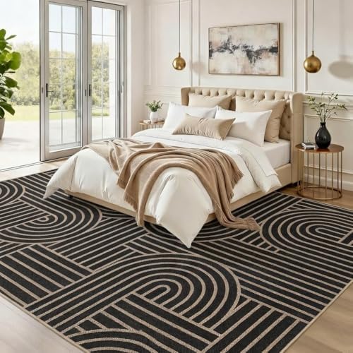 Garvee Outdoor Patio Rug 9x12 Easy Jute Geometric Living Room Rug, Black