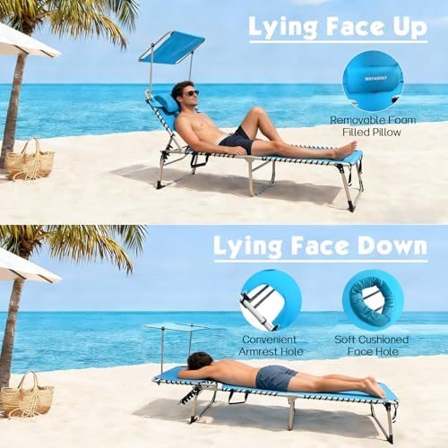 Outdoor Tanning Chair with Sun Canopy Shade & Face Hole, Folding Lounge C...