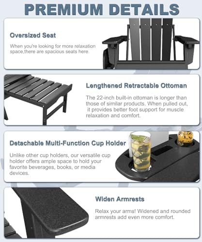NAVINE Adjustable Adirondack Chair with Retractable Ottoman, Black