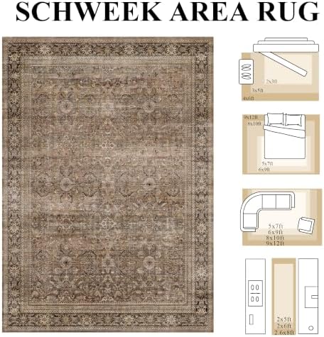 Schweek 10x14 Washable Area Rug Brown Neutral Vintage Distressed Large Rugs