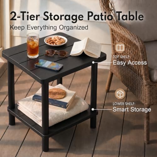 PASAMIC Outdoor Side Table, 2-Tier Square Patio Table for Indoor or Outside, ...