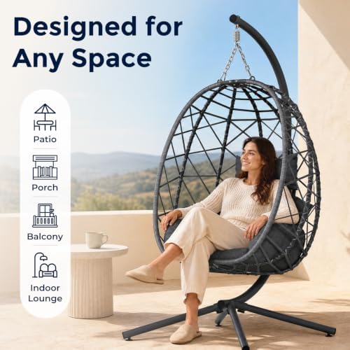 SWITTE Hanging Egg Chair with Stand Outdoor, Wicker Patio Swing, Grey