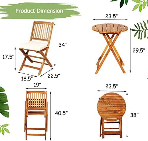 FANTASK 3 Pieces Folding Acacia Wood Bistro Set, Patio Furniture Set with Cus...
