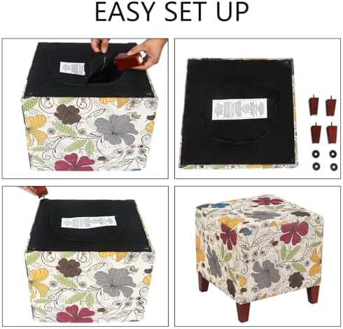 Adeco Floral Printed Linen Ottoman, 16.3" Upholstered Cube Foot Stool wi...