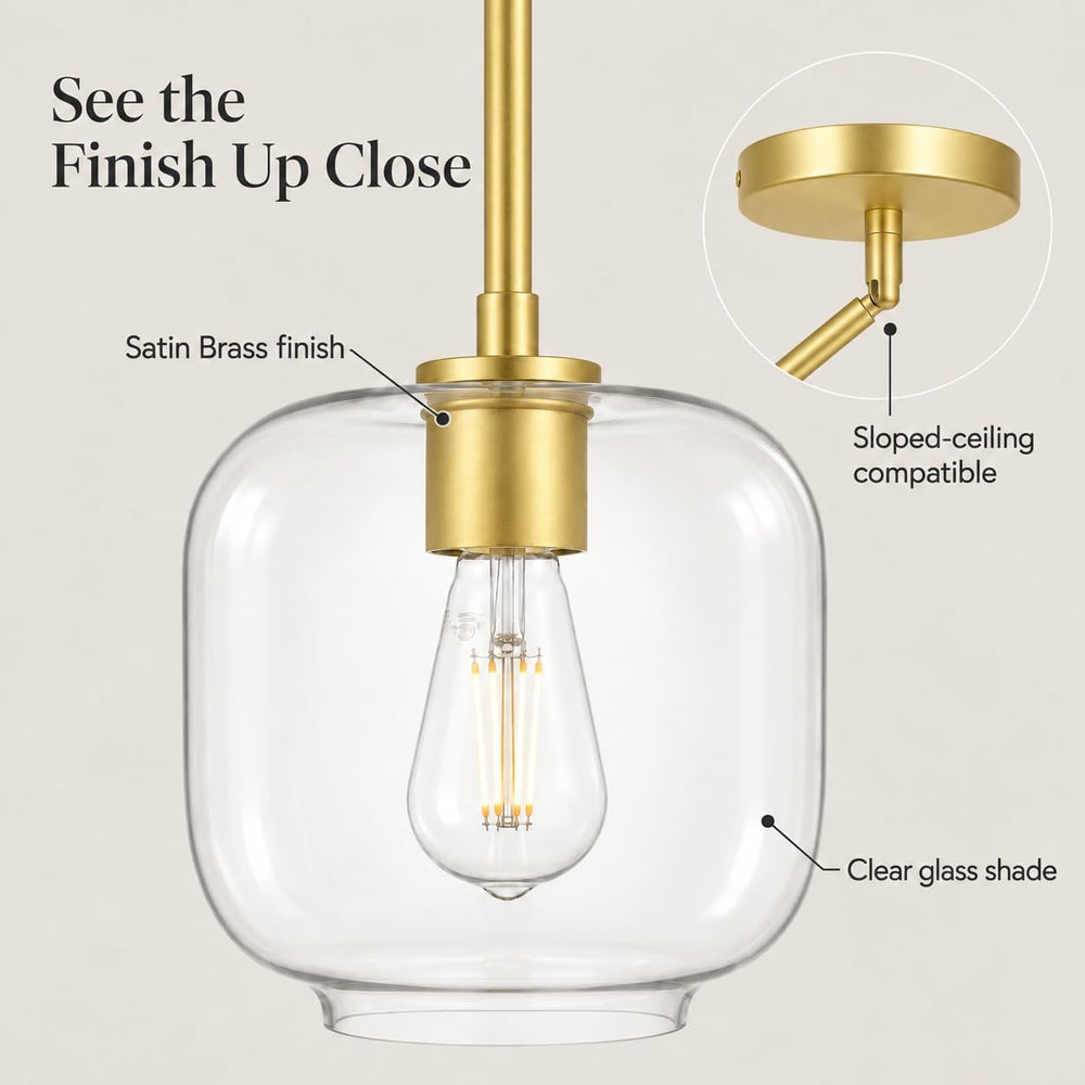 Piarra Satin Brass Clear Glass Kitchen Island Pendant Light, Gold, 7.25 In
