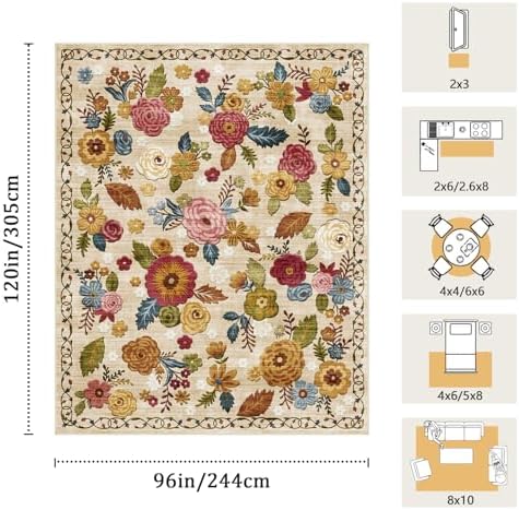 Washable 8x10 Area Rug, Beige Boho Floral Non-Slip for Living Room, Bedroom