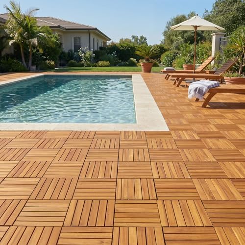 Acacia Wood Interlocking Deck Tiles, Waterproof Patio Tiles, 9 PCS- Golden