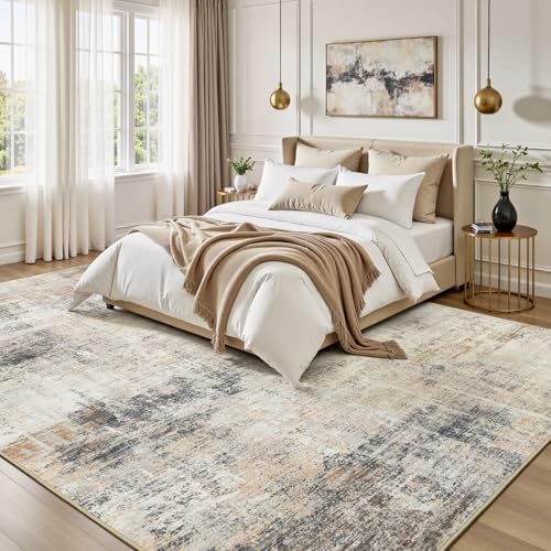 9x12 Area Rug for Living Room, Abstract Washable Non-Slip Large Rugs, Gold