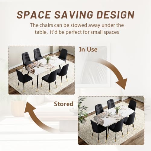 7 Piece Dining Table Set, Dinner Table Set for 6, Sintered Stone Kitchen Tabl...