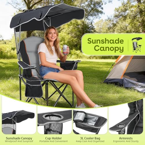 Suteck Camping Chair with Canopy Shade, Folding Outdoor Beach Chairs,Black