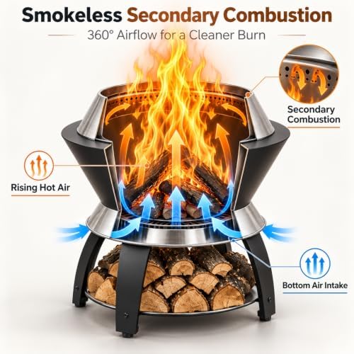 ONBRILL 20 Inch Smokeless Firepit, 2 in 1 Stainless Steel Potable Fire Pits