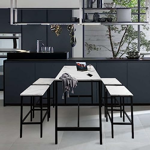 T-VALY 5-Piece Bar Table Set with 4 Stools, Black&White