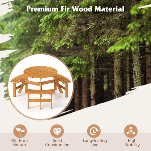 Tangkula 6-Person Wood Picnic Table, Outdoor Round Table and Bench Set with 3...