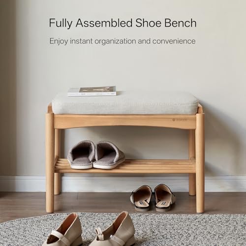 Solid Wood Shoe Bench, Shoe Rack Bench Assembled with Cushion for Entryway, H...