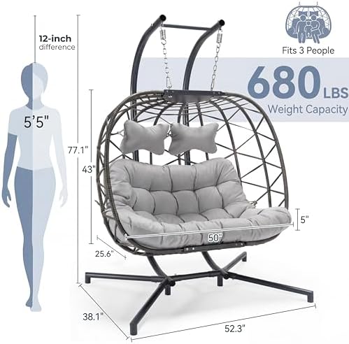 NICESOUL 2 Person Hanging Egg Chair Outdoor with Stand, Wide & Large Comf...