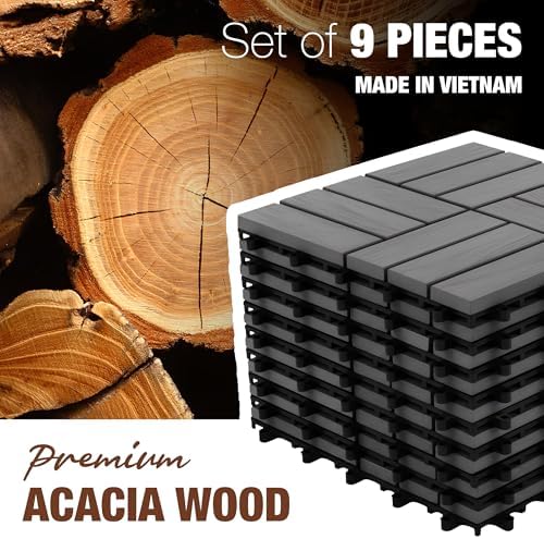 Acacia Wood Interlocking Deck Tiles, Patio & Backyard Tile, 12 in, 9 PCS