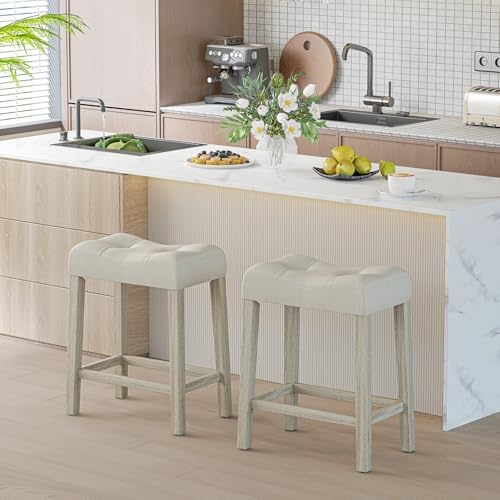 GIANTEX 24" Saddle Bar Stools Set of 4, Farmhouse Button Tufted Barstools