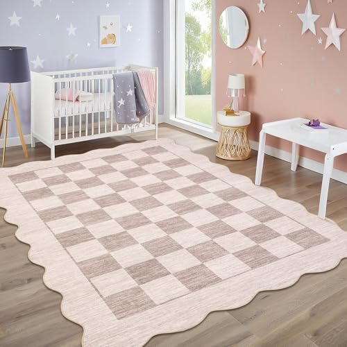 Garvee 8x10 Rugs for Living Room Scalloped Border Rug, Beige/Brown
