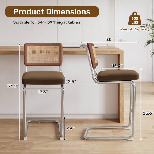 Rattan Bar Stools Set of 2 with Solid Wood Back, 26" Counter Height Bar ...