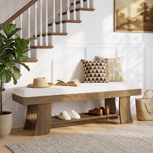 Tribesigns 59-Inch Upholstered Entryway Bench with Storage Shelf, Indoor Cush...